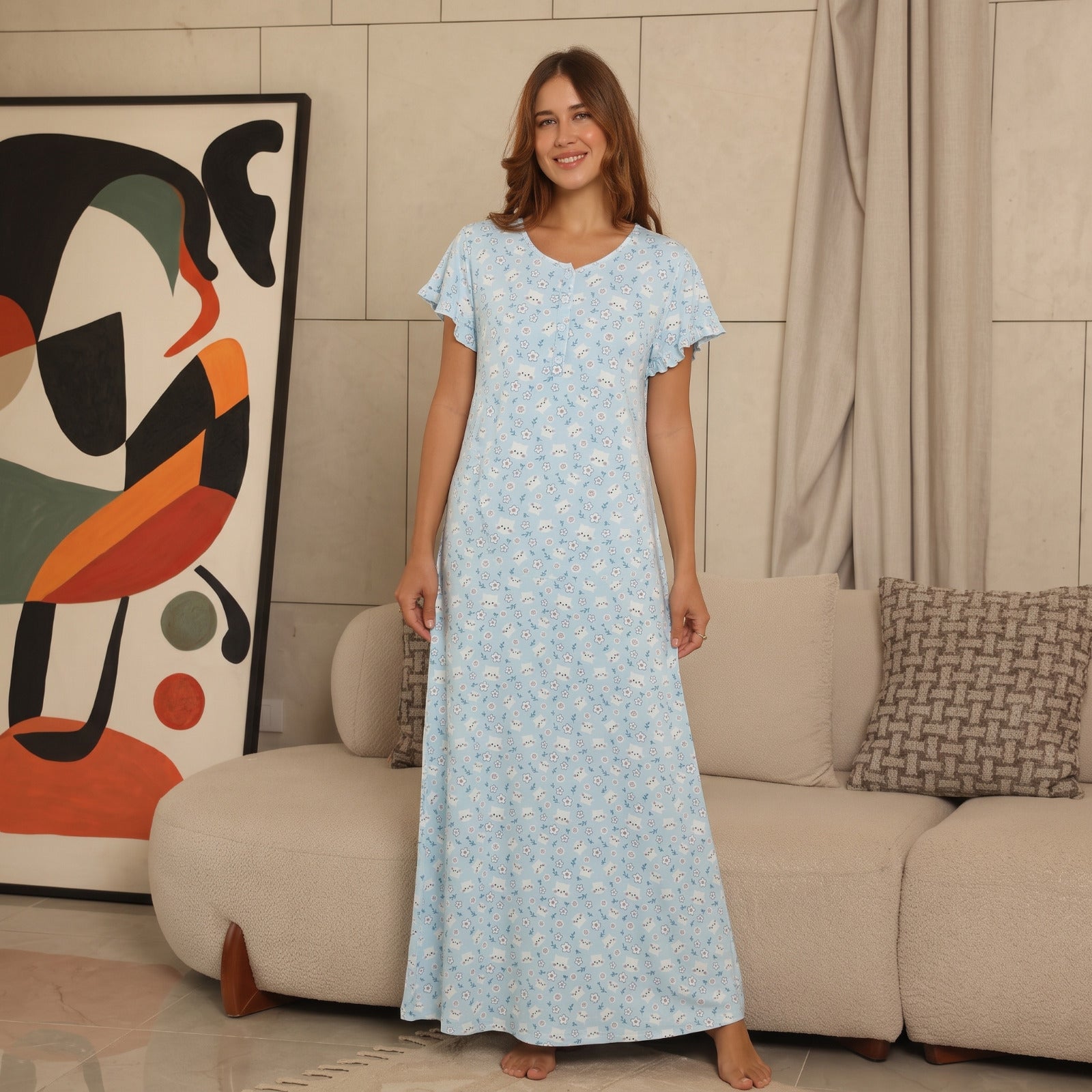 Cyan long sleeve galabia with cat print