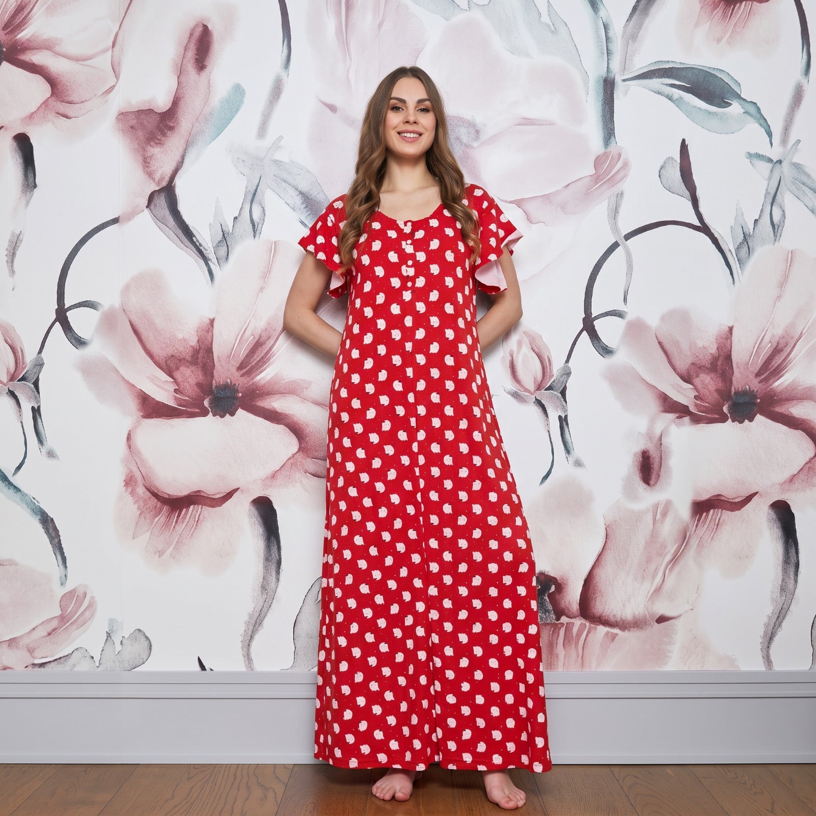 Red short sleeve galabia with faces print