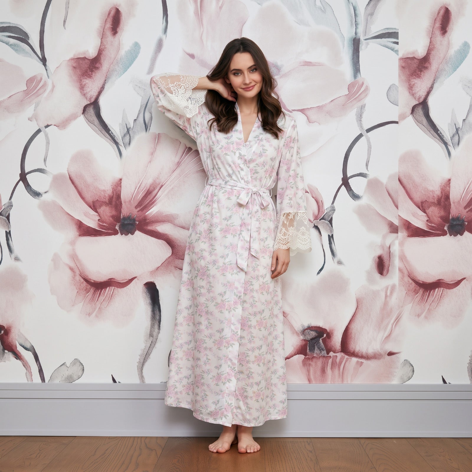 Rose Long floral robe