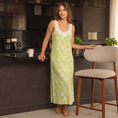 Lemon chemise with cut details, lace, and cat prin