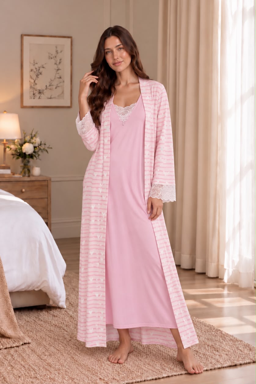 Rose winter robe and chemise set with delicate lace details