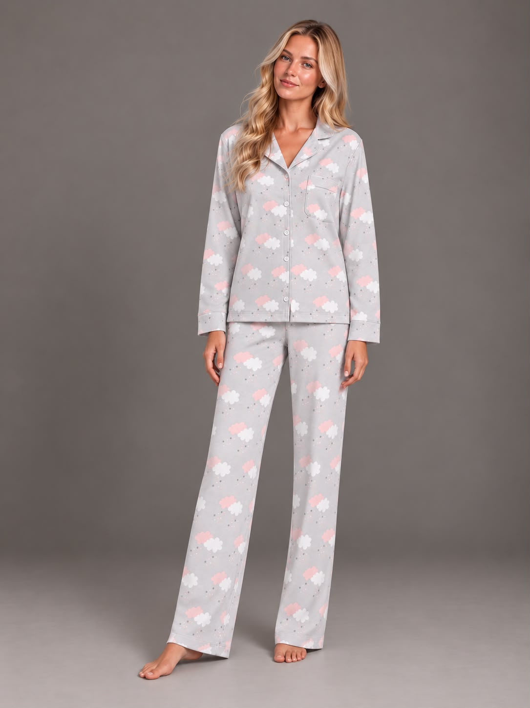 Grey winter Melton pajama with cloud pattern