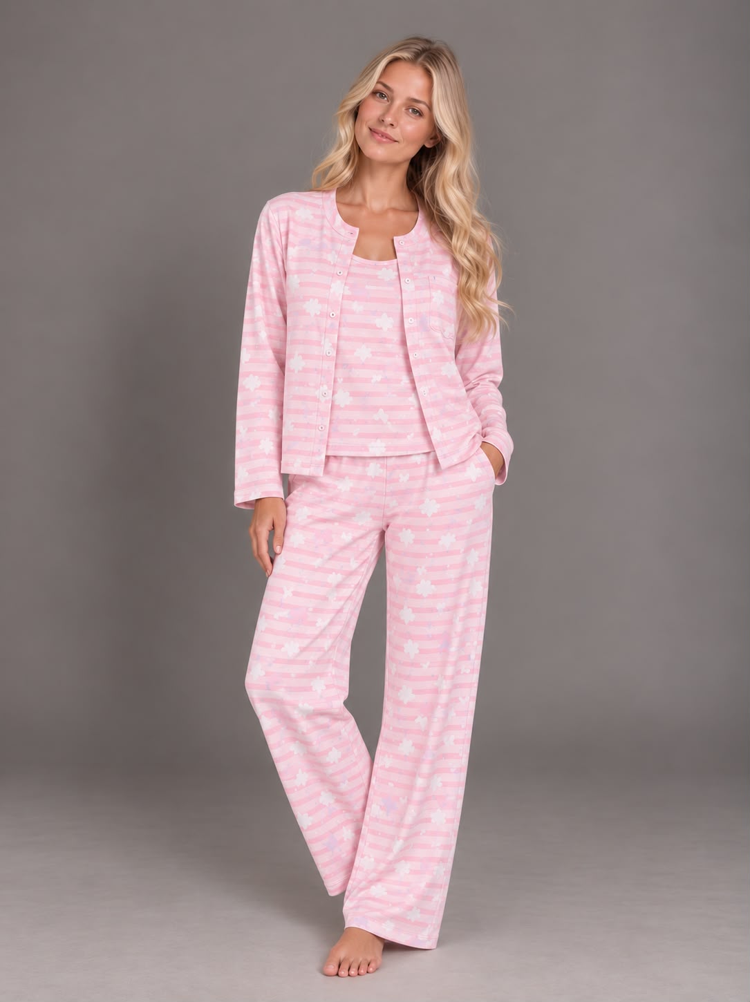 Rose 3-piece winter pajama set with hearts details