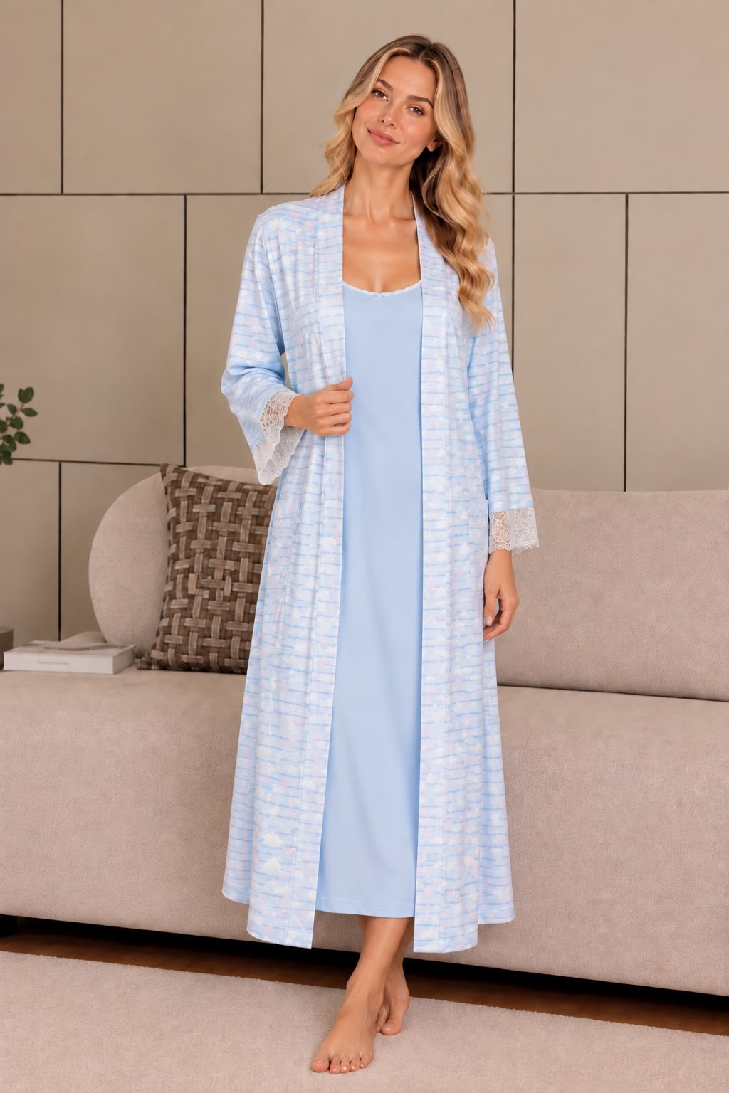 Cyan robe & chemise with heart pattern