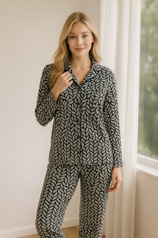Classic Jacquard Pajama Set with Leaf Pattern