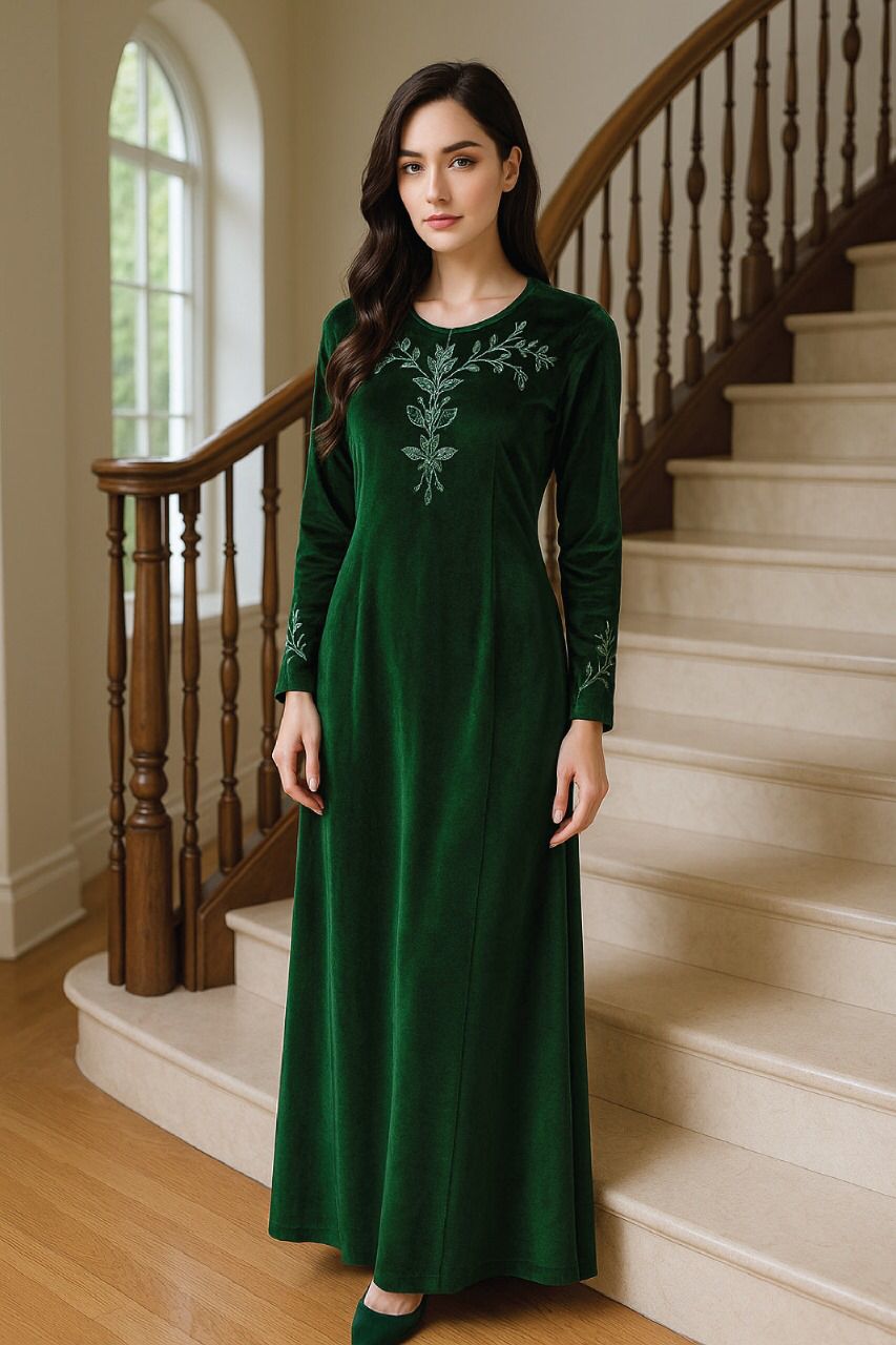 Plain Jalabiya with Branch Embroidery and Button Detai